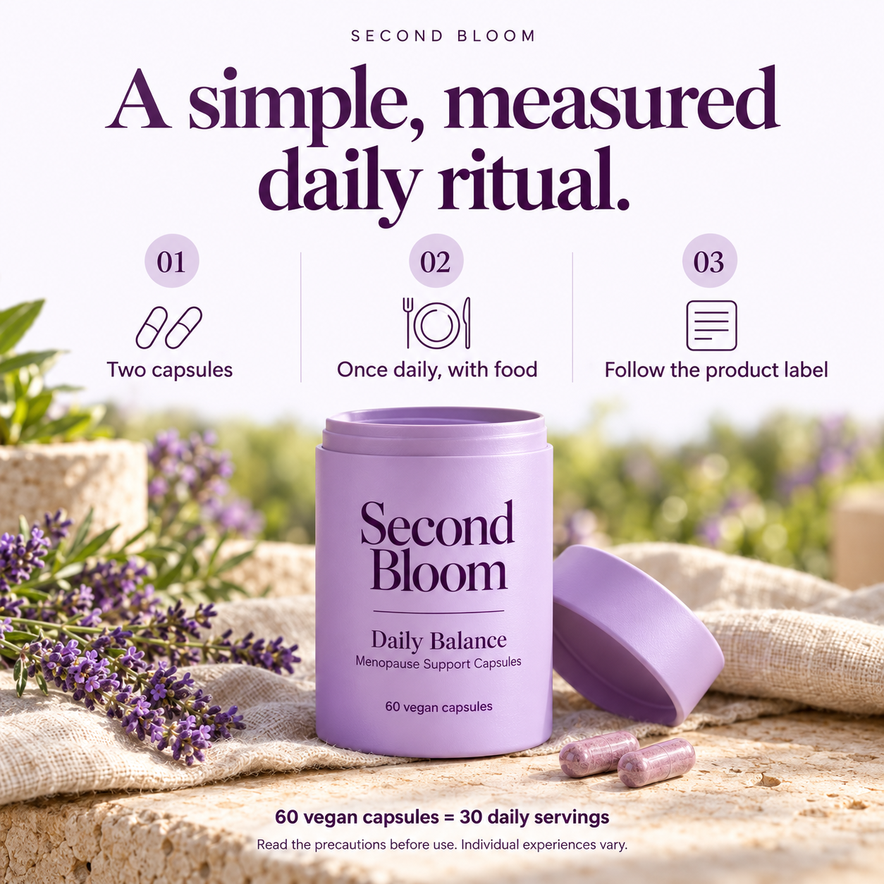 Two capsules daily with food, 30 daily servings